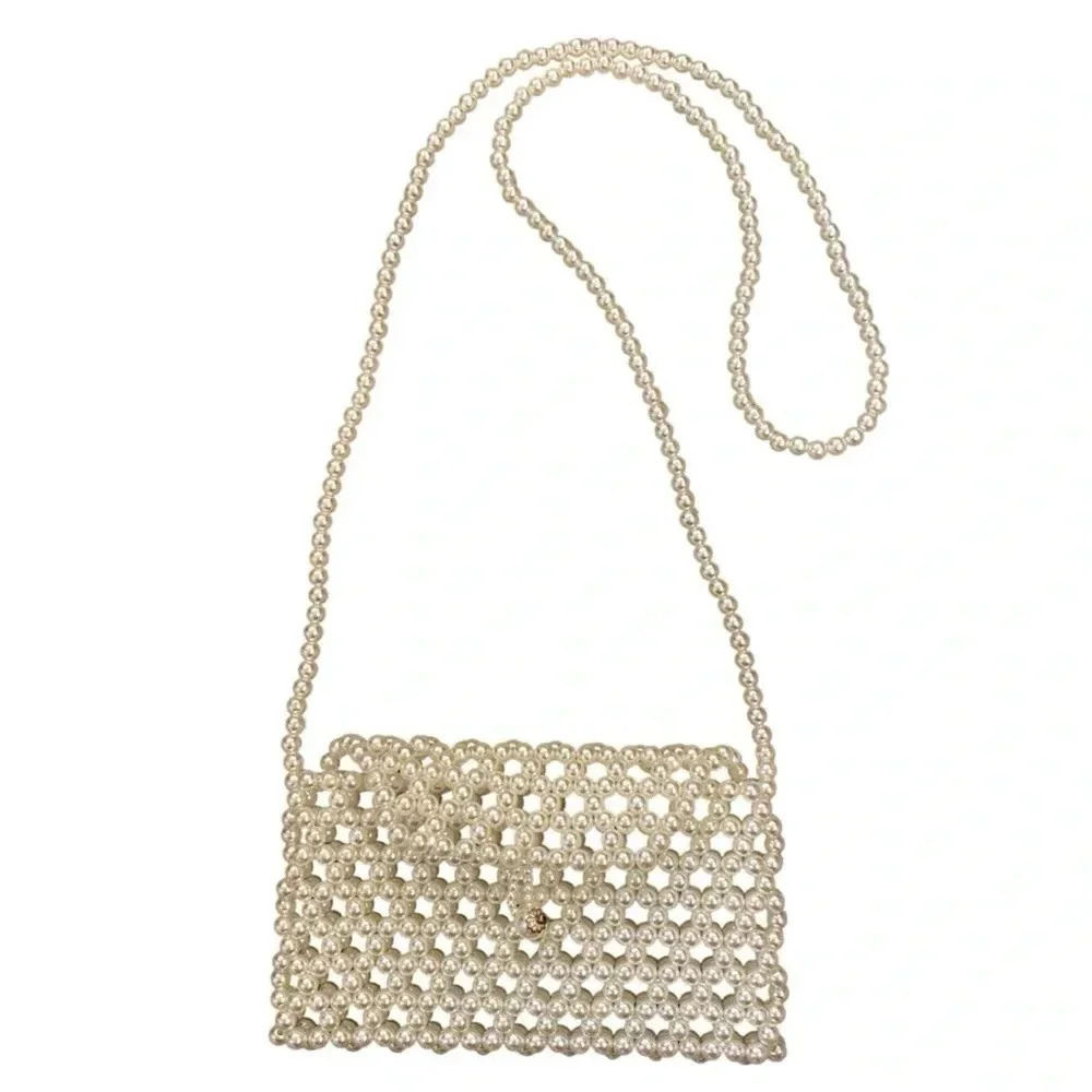 Pearl Beaded Small Crossbody Cocktail Evening Bag Purse Cream White Statement